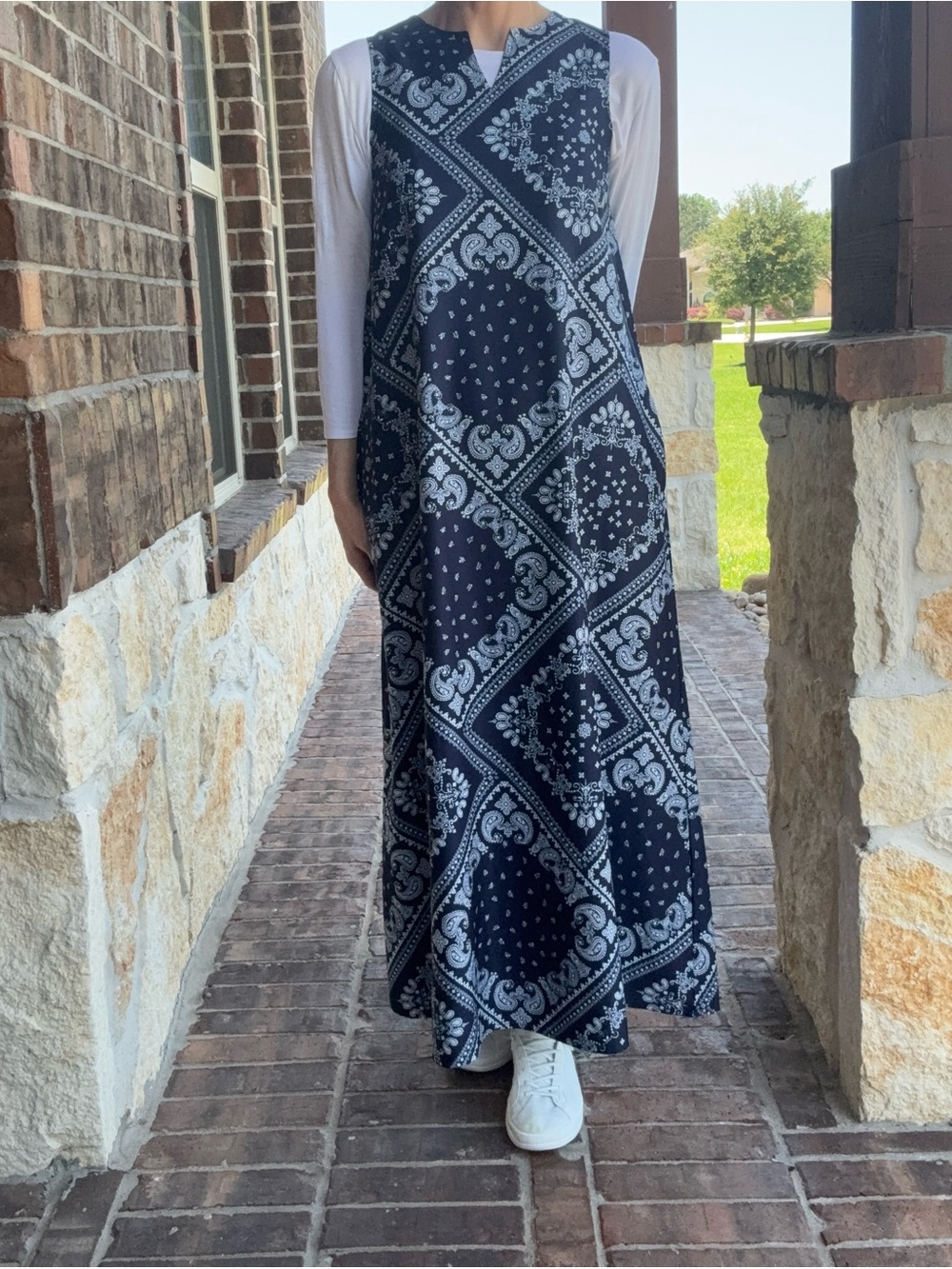 Sleeveless Navy Bandana Print Maxi Dress